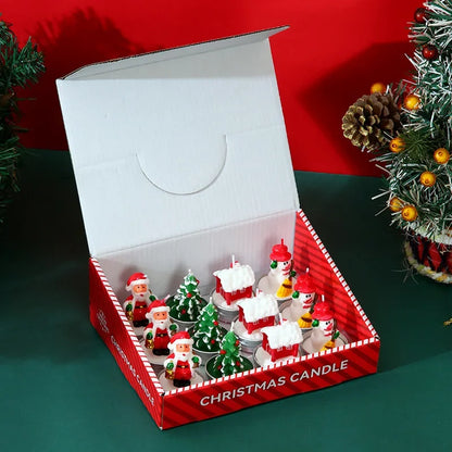 12 set of christmas candles batteries made with real wax, includes Santa, christmas tree and snowman.