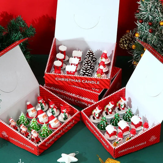 12 set of christmas candles batteries made with real wax, includes Santa, christmas tree and snowman.