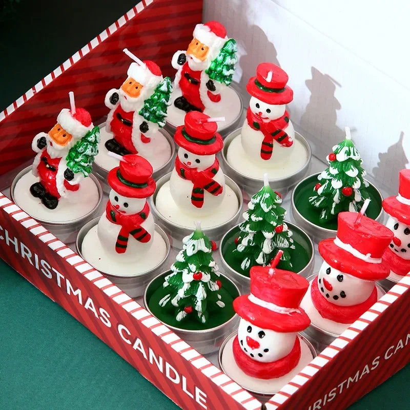 12 set of christmas candles batteries made with real wax, includes Santa, christmas tree and snowman.