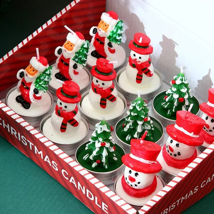 12 set of christmas candles batteries made with real wax, includes Santa, christmas tree and snowman.