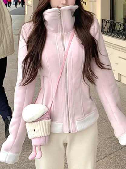 American Style Retro Solid Polar Fleece Sweet Warm Jacket
