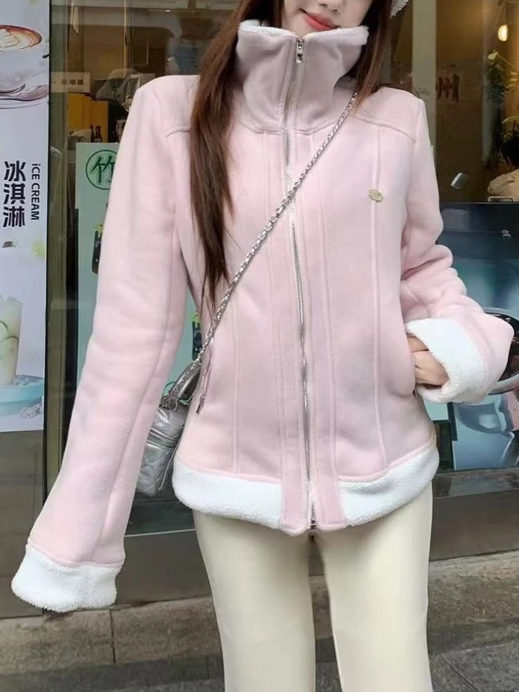 American Style Retro Solid Polar Fleece Sweet Warm Jacket