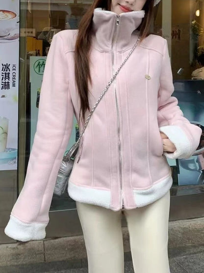 American Style Retro Solid Polar Fleece Sweet Warm Jacket